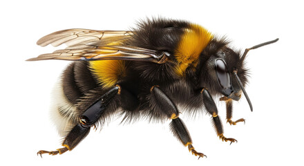 Isolated bumblebee macro photography, close-up profile of a buzzing insect on a light backdrop