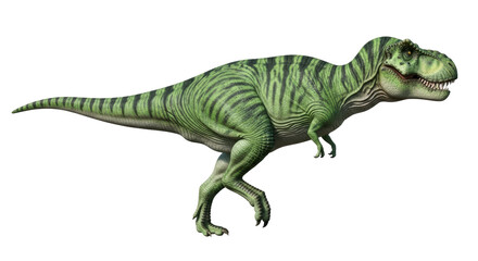 Isolated Tyrannosaurus Rex, carnivorous dinosaur predator with striped pattern in green colors