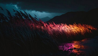 Night's Embrace Vibrant Reeds Under a Dark Sky
