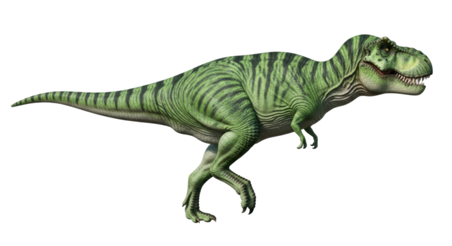 Isolated Tyrannosaurus Rex, carnivorous dinosaur predator with striped pattern in green colors