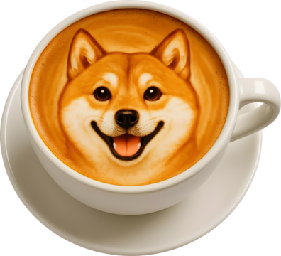 A coffee latte art with a smart Shiba Inu's face, without background
