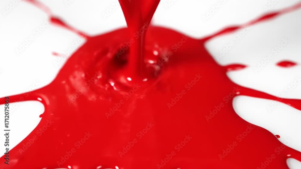 Poster Red Paint Dripping Transition - Red paint pours onto a white surface, creating a dynamic and visually appealing transition effect.