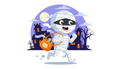 Halloween Mummy in Pursuit of Treats: An enchanting illustration of a cheerful mummy child, joyfully navigating the night of Halloween, embarking on a journey to collect an assortment of candies.