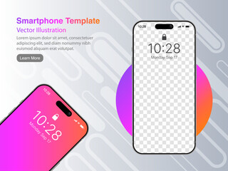 Realistic Smartphone Mockup Banner – 3D Mobile Phone Front View with Colorful Circle on Geometric Background, High Quality Vector Device for UI UX Presentation