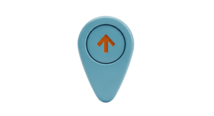 Isolated location pointer with up arrow, blue 3D pin for map marker, direction, navigation