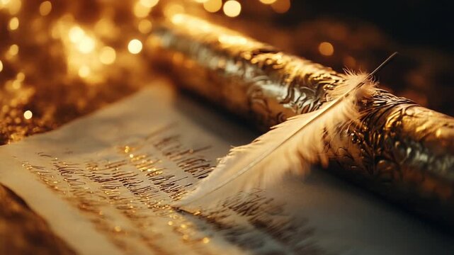 Elegant scroll with feather quill on golden background