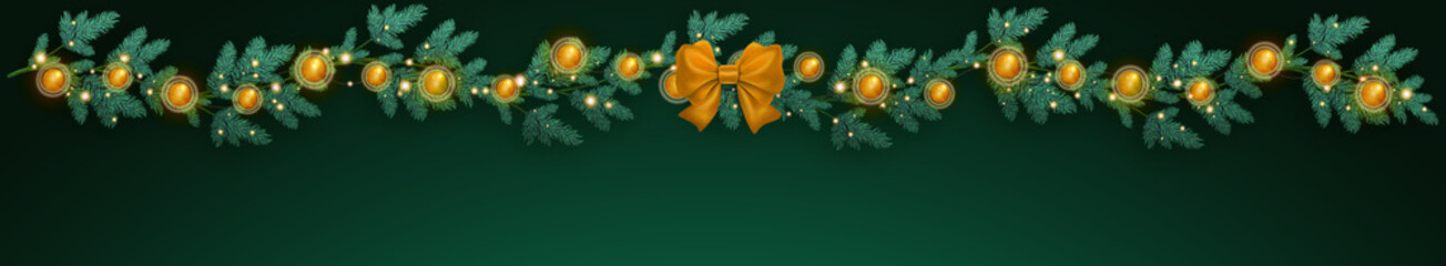 Border garland of Christmas tree branches decorated with golden ornaments.