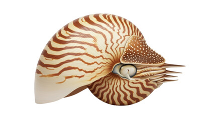 Isolated Nautilus Pompilius shell with brown stripes and spots, marine biology concept