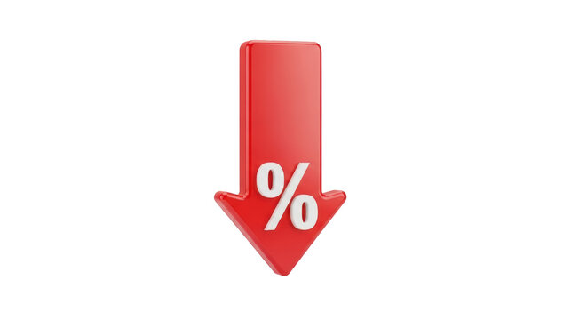 Isolated red arrow pointing down with percentage sign suggesting discounts or sales events