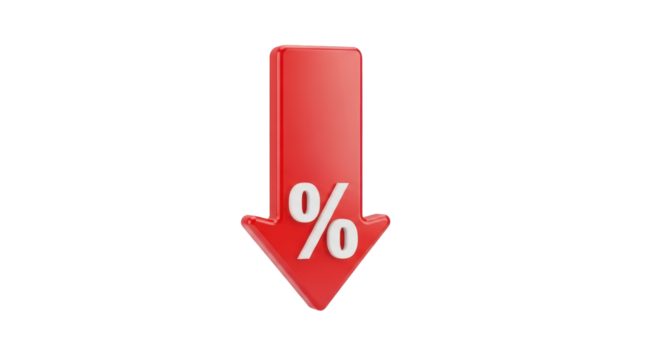 Isolated red arrow pointing down with percentage sign suggesting discounts or sales events