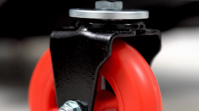 Red Polyurethane Caster Wheel Close-up - A detailed close-up shot of a red polyurethane wheel attached to a black metal caster with a silver swivel plate.