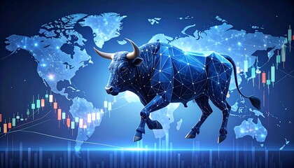 Digital bull with interconnected lines superimposed over a world map and stock market indicators. Blue tones dominate