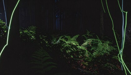 Lush Ferns Bathed in Mysterious Light A Dark Forest Floor Illuminated by Abstract Neon Streaks and Ethereal Glow