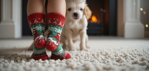Child in festive socks near puppy on cozy carpet in warm holiday setting.