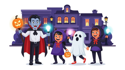Halloween Parade: A colorful illustration capturing the thrill of Halloween as a group of costumed children, led by a vampire, parade through a quaint, moonlit town holding festive glow-sticks.