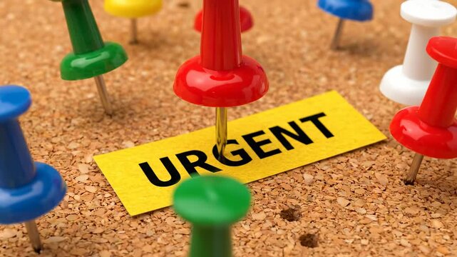 Urgent Task Reminder on Corkboard - A red pushpin pierces a yellow sticky note reading "URGENT" on a corkboard, surrounded by other pushpins in various colors.