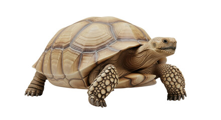 Isolated African spurred tortoise, a pet reptile with tan colored shell, walking slowly