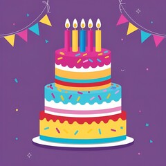 Colorful birthday cake illustration in vector style, layered cake with candles and sprinkles, purple background for a festive and modern look, clean and symmetrical design, bright celebration theme