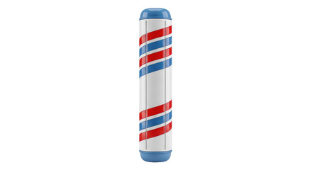 Isolated Barber pole rendering on light ground with red, white, and blue spiral stripes