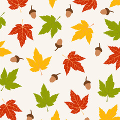 Seamless pattern with acorns and autumn maple leaves. Perfect for wallpaper, gift paper, textile, greeting cards.