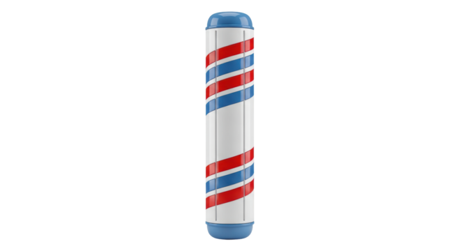 Isolated Barber pole rendering on light ground with red, white, and blue spiral stripes