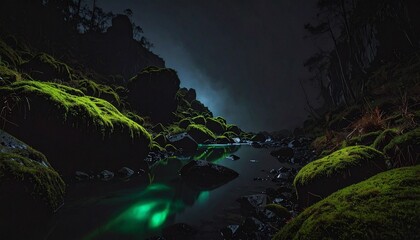 Ethereal glow illuminates a tranquil, moss-covered stream winding through a shadowy, mystical landscape, capturing the serene beauty of a hidden natural wonder