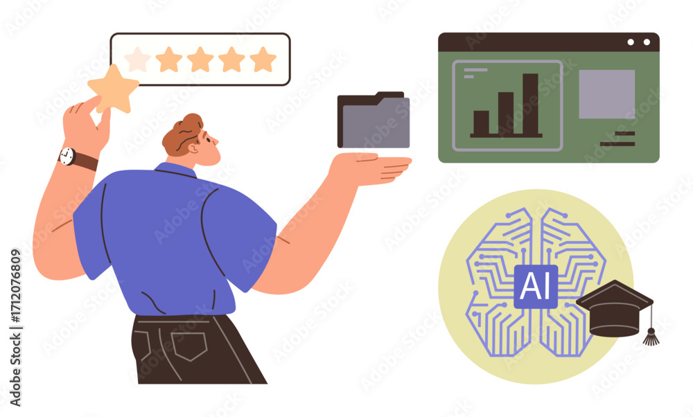 Poster man holding a folder, raising a star toward a rating bar, next to ai technology depicted with a neur