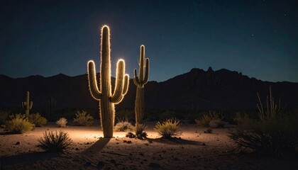 Desert Night Illuminated Saguaro Cacti Under the Stars