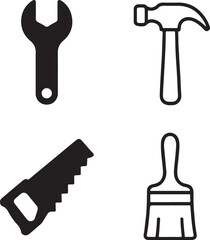 Wrench hammer handsaw paint brush icons, tool icons, solid wrench, line hammer, filled saw, thin stroke brush, minimal black vector, isolated repair symbol, editable design