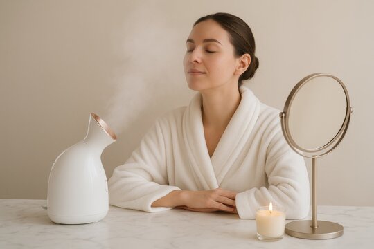 Woman enjoying facial steam treatment at home spa