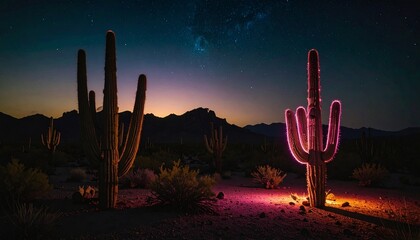 Desert Sunset Majestic Cactus Silhouettes Under a Starry Sky in the American Southwest
