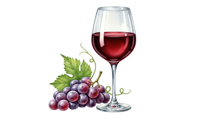 Isolated red wine in crystal glass with grapes watercolor drawing, illustration, art