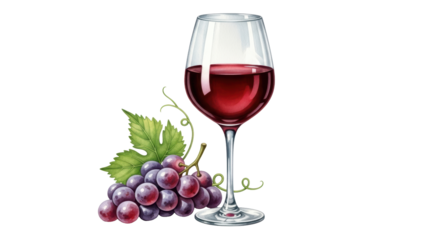 Isolated red wine in crystal glass with grapes watercolor drawing, illustration, art