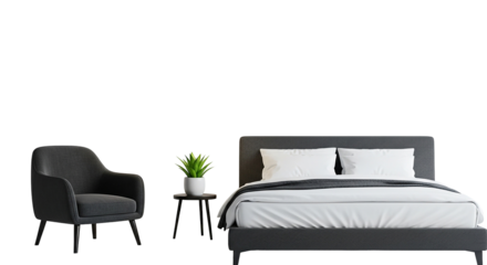 Cozy bedroom furniture arrangement featuring a dark armchair and a modern bed isolated on transparent background