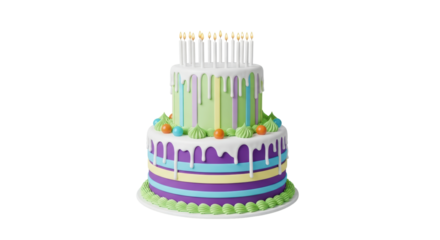 Isolated two-tier rainbow birthday cake with sixteen candles, fun celebration object render