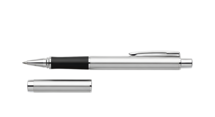 Isolated silver-colored pen with cap, for writing notes and signing documents, stationery