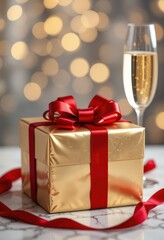 Golden gift box with red ribbon and champagne glass on marble table surface.