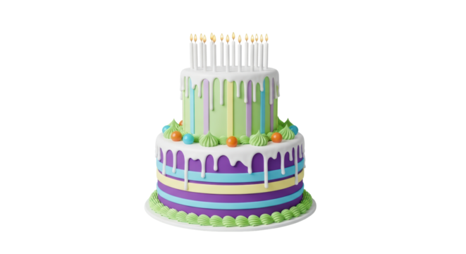 Isolated two-tier rainbow birthday cake with sixteen candles, fun celebration object render - Powered by Adobe