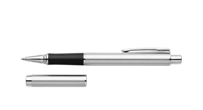 Isolated silver-colored pen with cap, for writing notes and signing documents, stationery - Powered by Adobe
