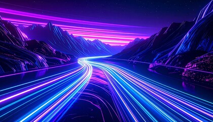 A vibrant, digital landscape with glowing roads