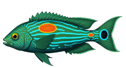 Isolated tropical fish illustration with blue stripes and orange spot, a colorful marine animal