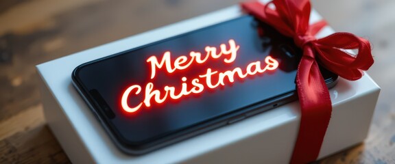 Smartphone gift box with Merry Christmas message and red ribbon on wooden table.