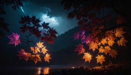 Autumnal Hues A Tranquil Forest Scene Under a Dramatic Night Sky With Colorful Leaves