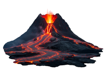 Molten lava flows down the side of a majestic volcano against a stark black background.