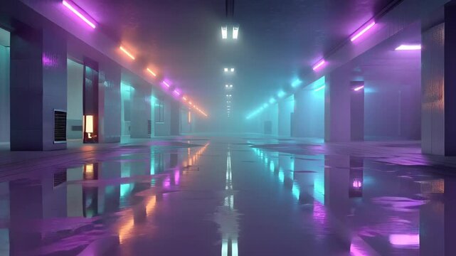 Modern neon futuristic hallway with fog and reflections, glowing colorful lights, sci-fi digital background, copy space, free space for text.