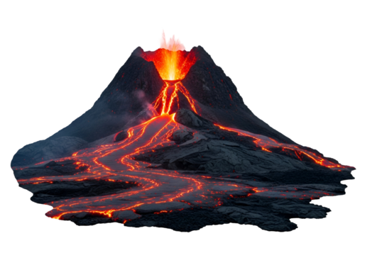 Molten lava flows down the side of a majestic volcano against a stark black background.