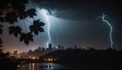 Dramatic lightning strikes illuminate a cityscape at night, with a river reflecting the stormy sky