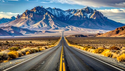 Long desert road leading to majestic snow-capped mountains under a dramatic sky.