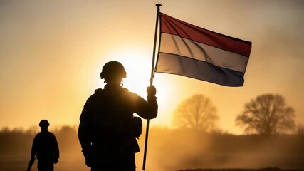Silhouette of a Dutch soldier holding the national flag of the Netherlands at sunrise. Patriotic military concept of pride, honor, and duty. - Powered by Adobe