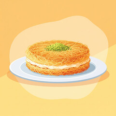 Flat vector illustration of kunafa pastry with pistachios, traditional Middle Eastern cheese dessert


